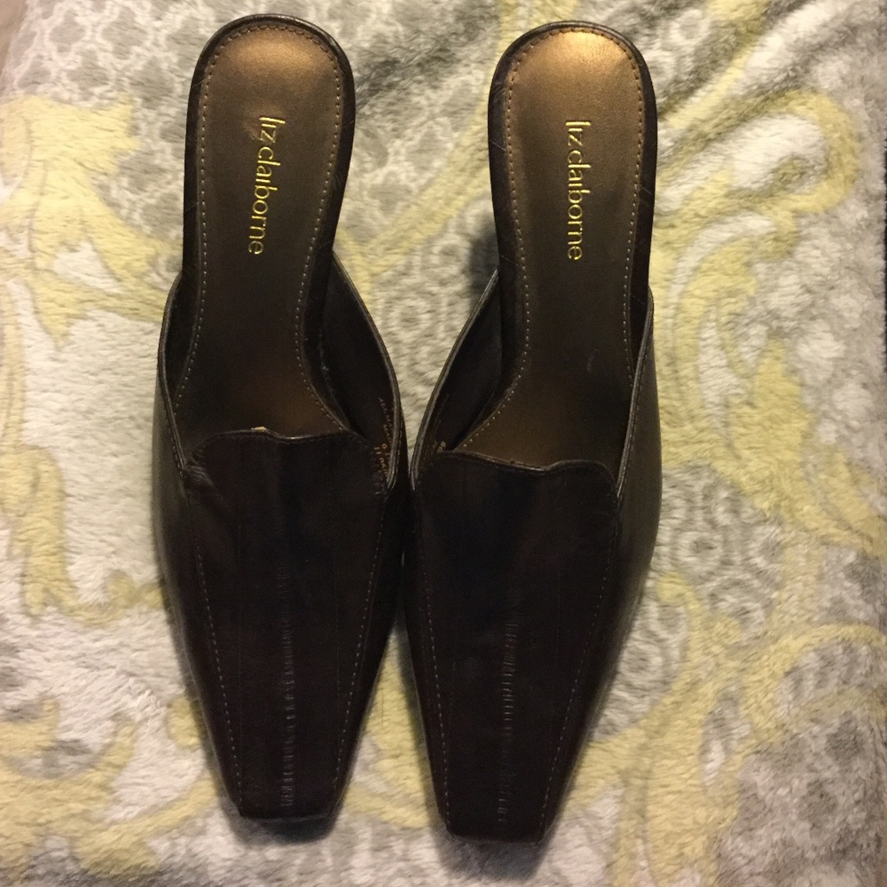Brown, women’s Liz Claiborne mules. Size 6 1/2